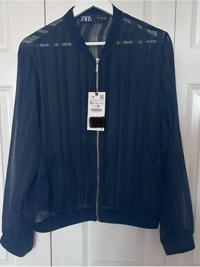 ZARA Sheer Black Zip-Up Bomber Jacket XL